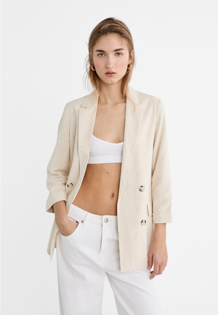 

Stradivarius Offener fließender Blazer mit Leinenanteil und Knöpfe Steingrau XS