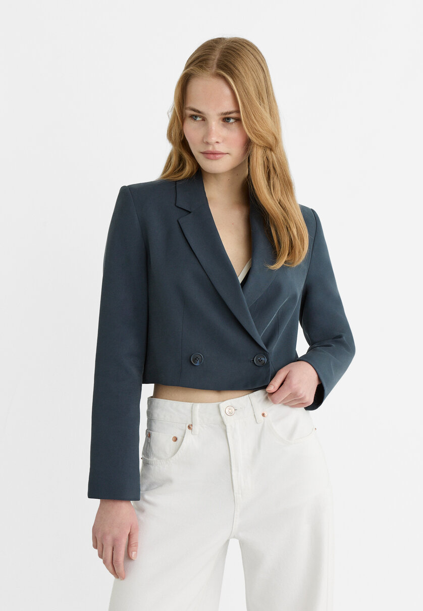 Navy cropped sales blazer womens