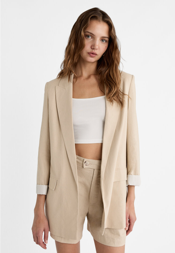 

Stradivarius Offener fließender Blazer mit Leinenanteil Beige XS