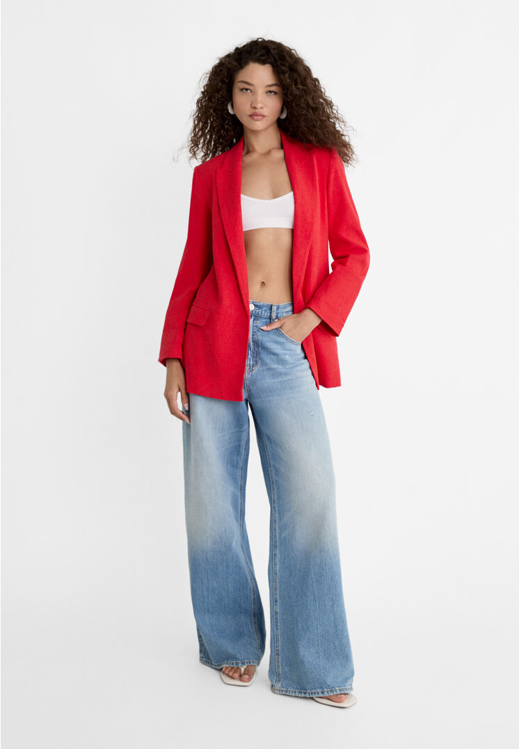 Stradivarius Blazer aperto morbido misto lino  Rosso M
