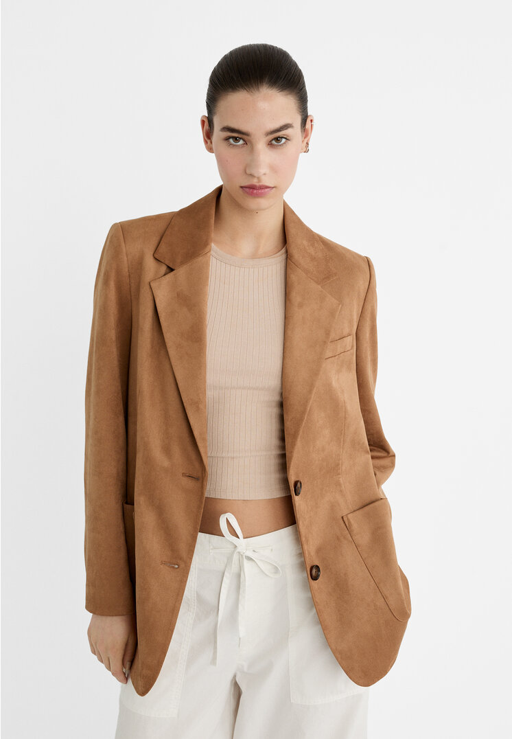 

Stradivarius Marynarka regular fit ze sztucznego zamszu Karmelowy S
