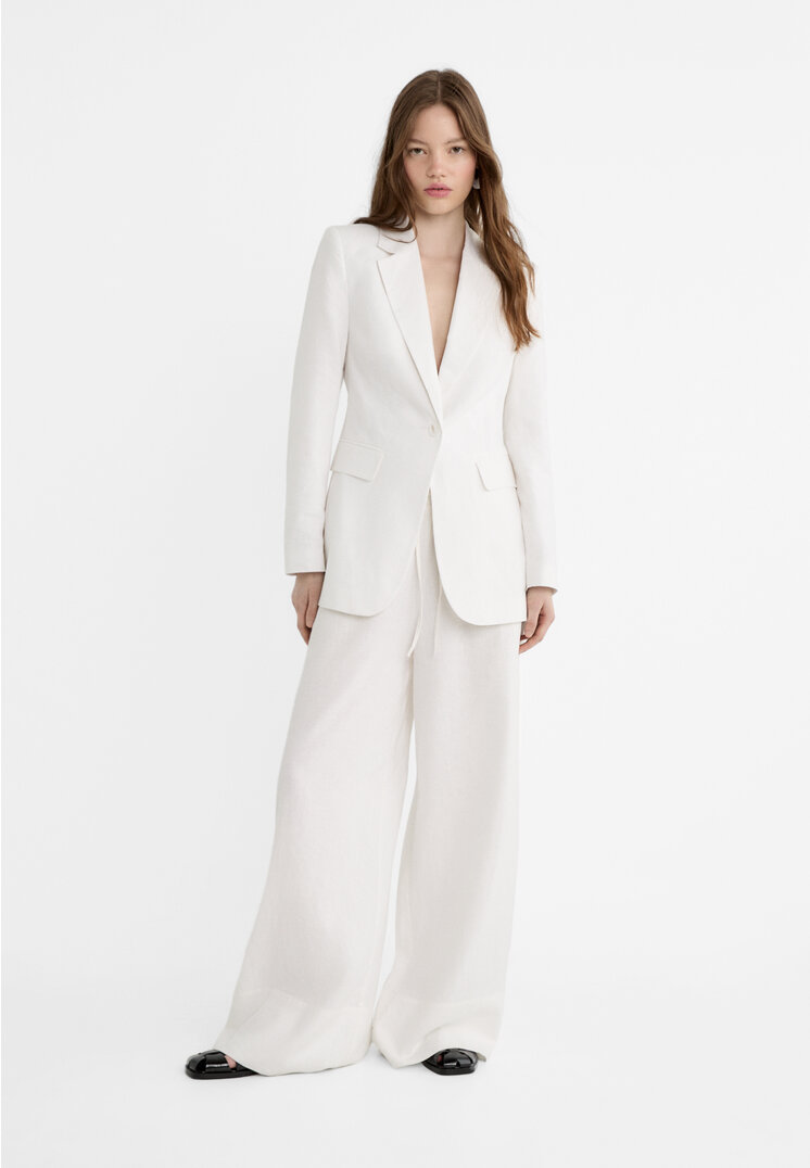 Stradivarius Linen blend blazer with open back  Ecru XS