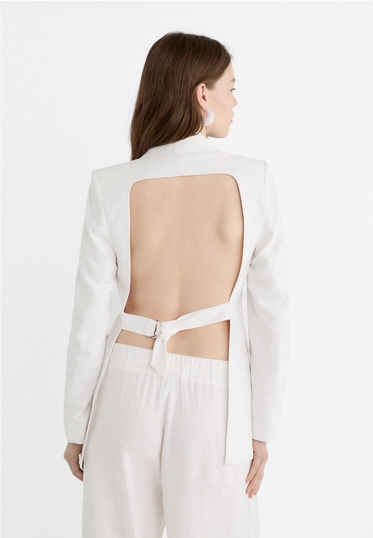 Stradivarius Linen blend blazer with open back  Ecru XS