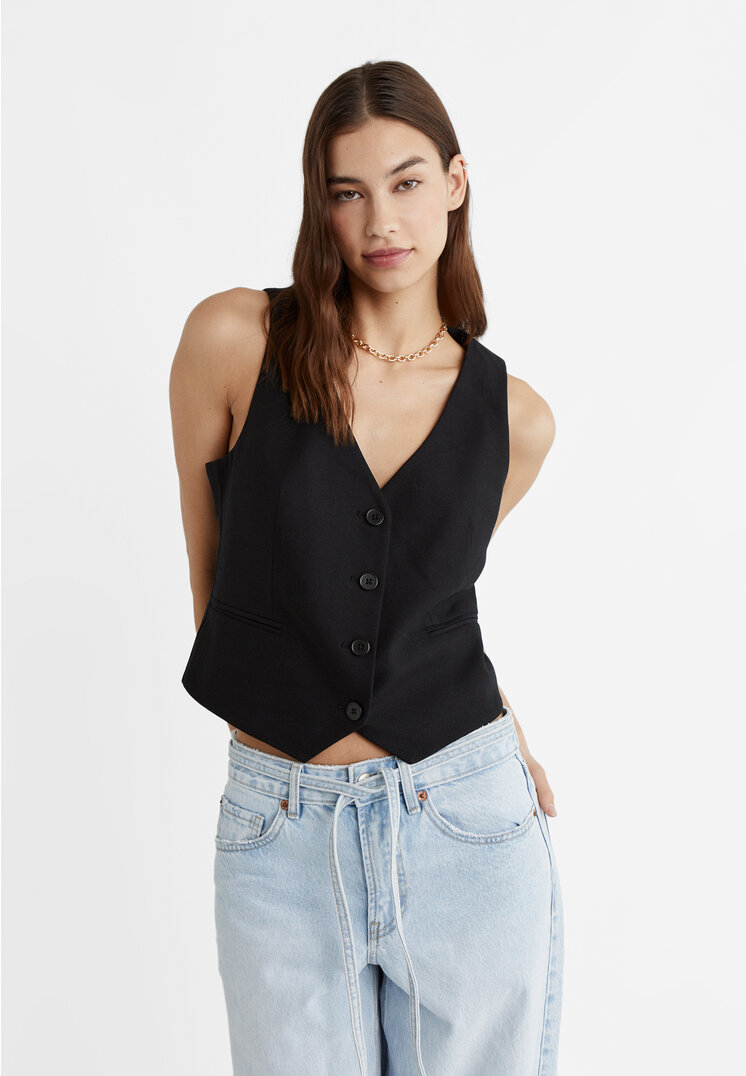 

Stradivarius Kurze Weste mit Knöpfen Schwarz XS