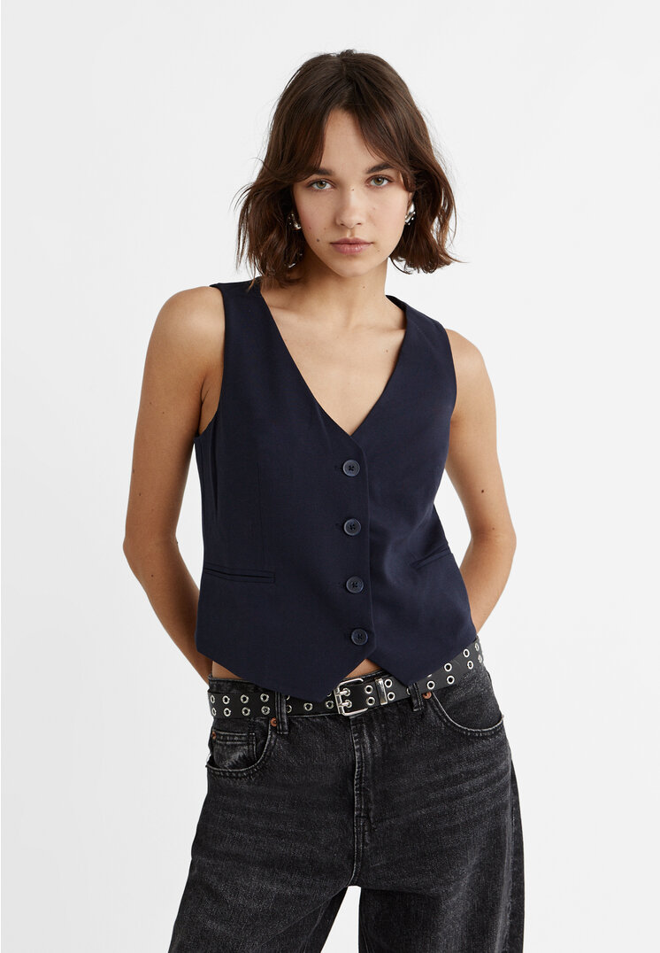 Stradivarius Kurze Weste mit Knöpfen Marineblau XL