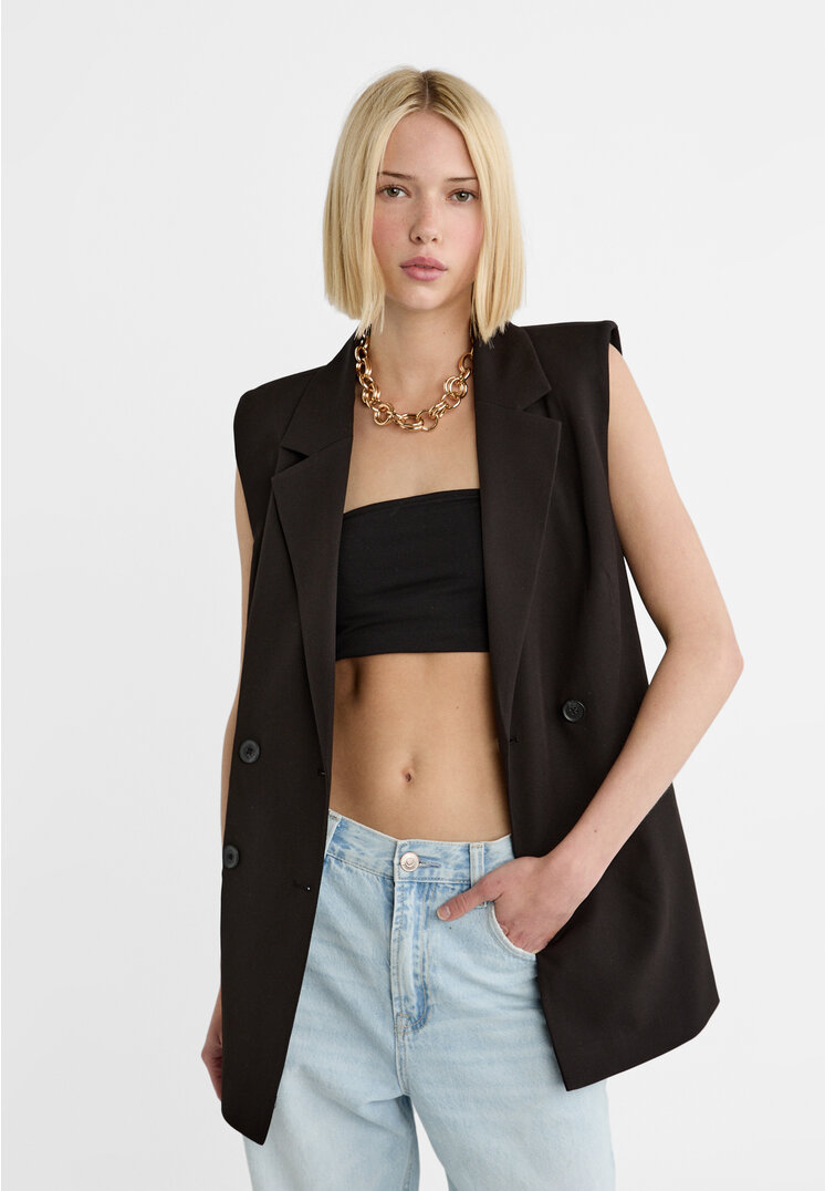 Stradivarius Halbhohe Weste mit Knöpfen Schwarz XS