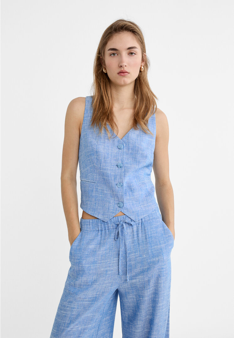 

Stradivarius Kurze Weste mit Leinenanteil Mittelblau XL