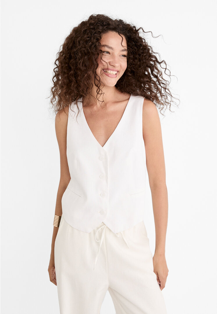 

Stradivarius Kurze Weste mit Leinenanteil Ecru XS
