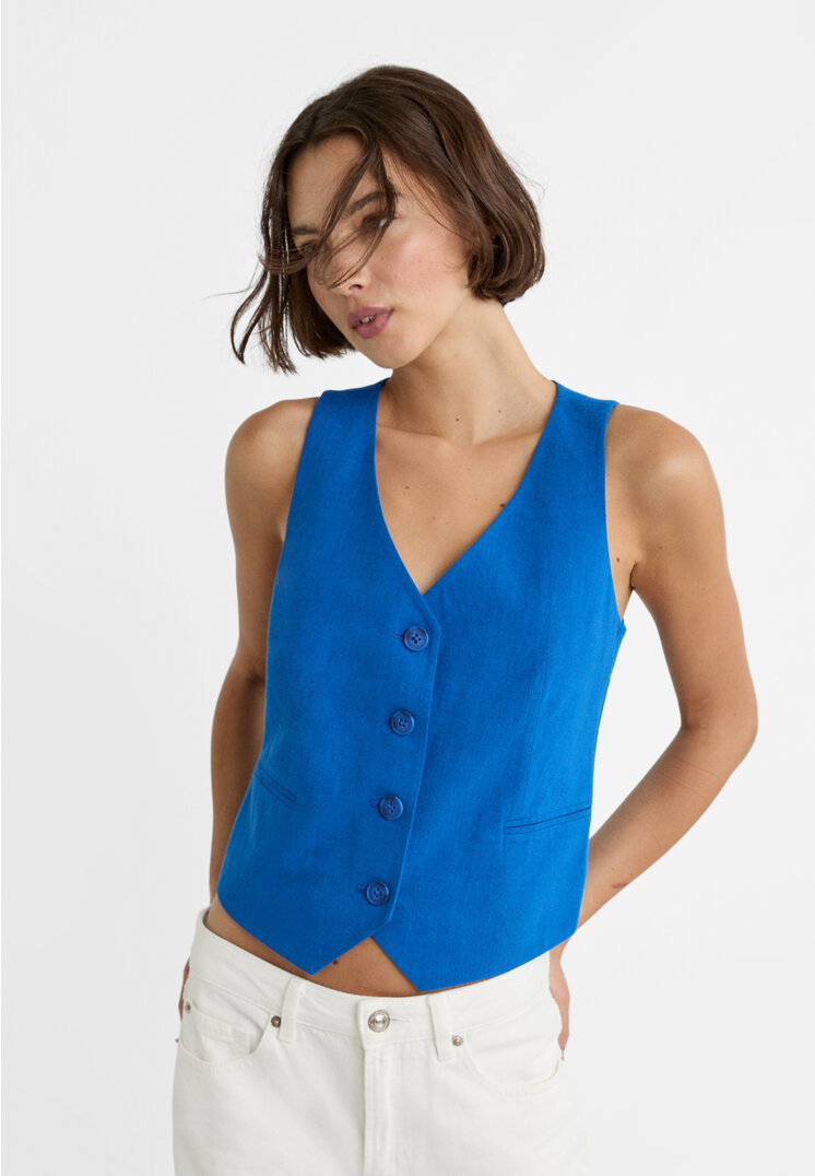 

Stradivarius Kurze Weste mit Leinenanteil Blau M
