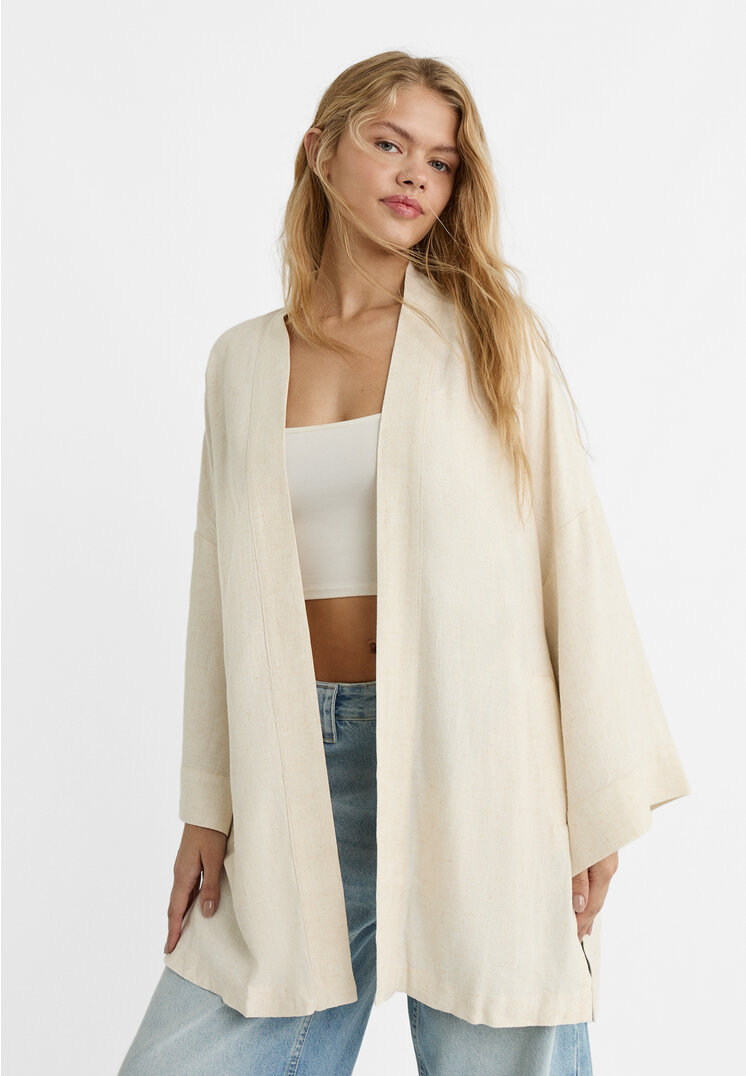 

Stradivarius Kimono aus Leinen Steingrau S
