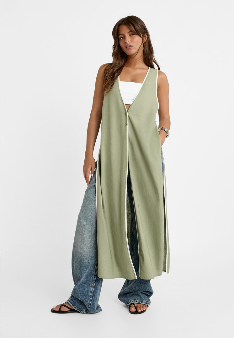 

Stradivarius Długa kamizelka z lejącego materiału Khaki XS