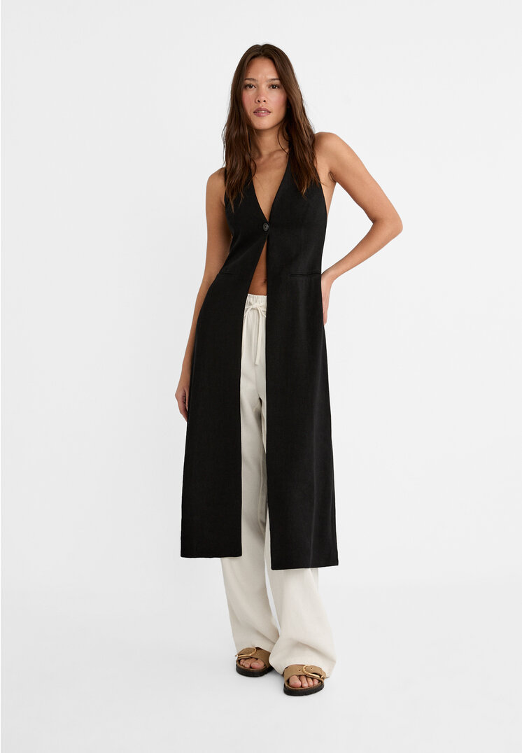 

Stradivarius Lange Neckholder-Weste mit Leinen Schwarz XS