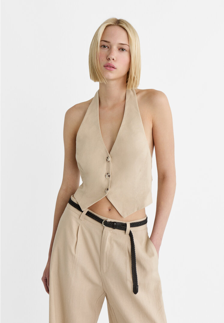 

Stradivarius Neckholder-Weste mit Leinen Beige L