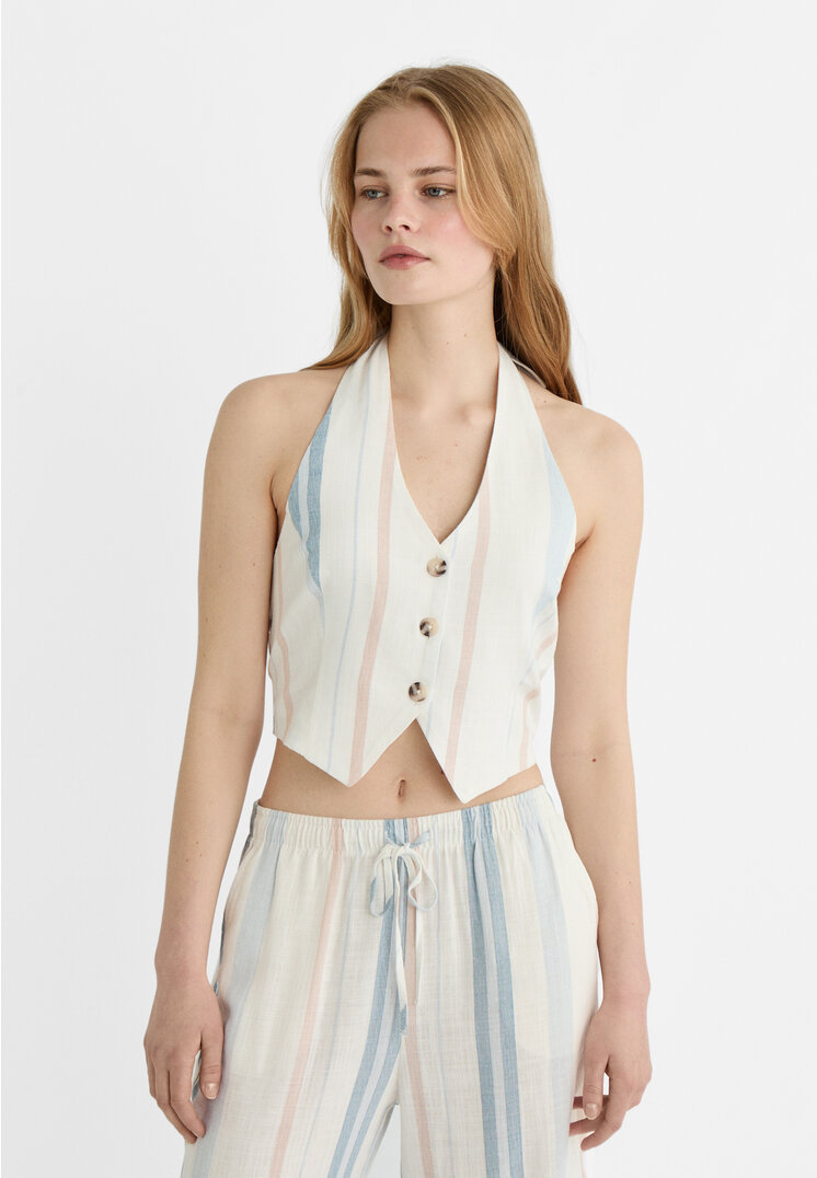 

Stradivarius Kamizelka z mieszanki lnu w paski z dekoltem halter Błękitny XS