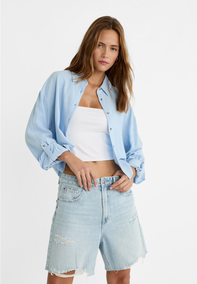 

Stradivarius Hemd kurz Leinenanteil Himmelblau XL