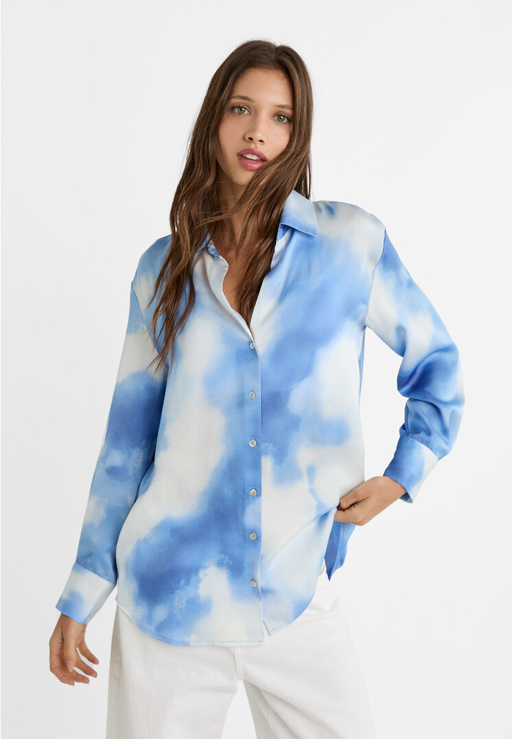 Stradivarius Satinbluse mit Reverskragen Blau XL