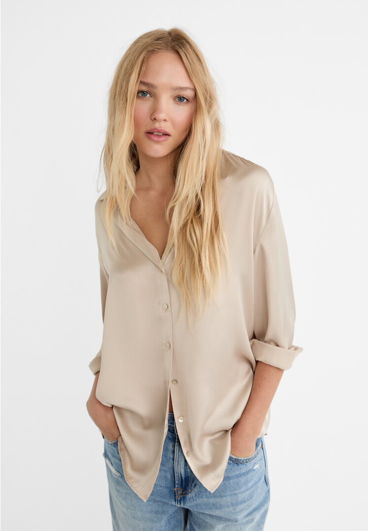 

Stradivarius Satinbluse mit Reverskragen Steingrau S