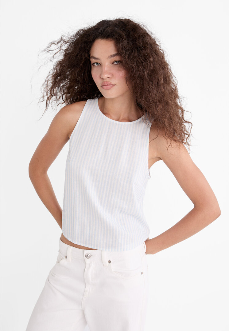 Stradivarius Top Racerback Leinenprint fließend gestreift Himmelblau S
