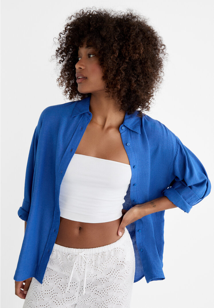 

Stradivarius Hemd mit Leinenanteil Blau XL