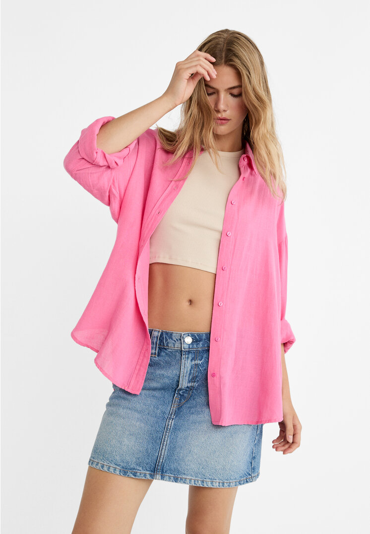 

Stradivarius Hemd mit Leinenanteil Kaugummirosa L