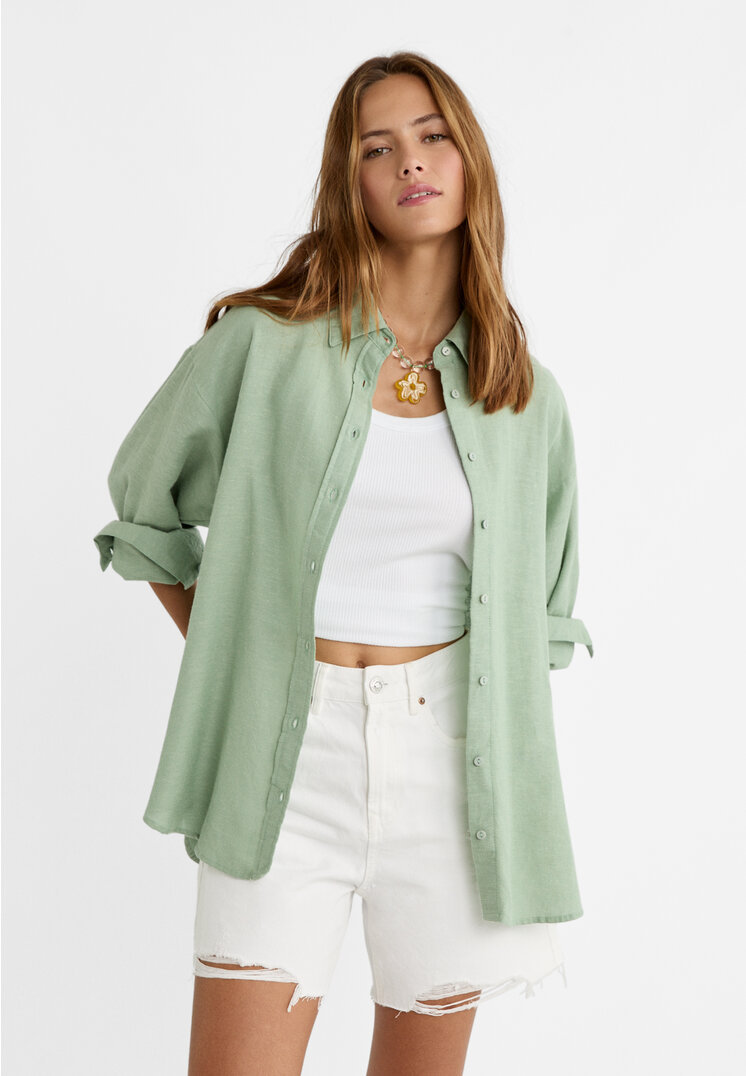 

Stradivarius Hemd mit Leinenanteil Khaki L