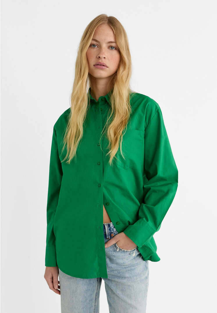 Stradivarius Koszula oversize z popeliny Zielony M
