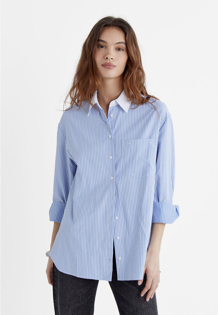 

Stradivarius Koszula oversize z popeliny we wzór w paski Błękitny XL