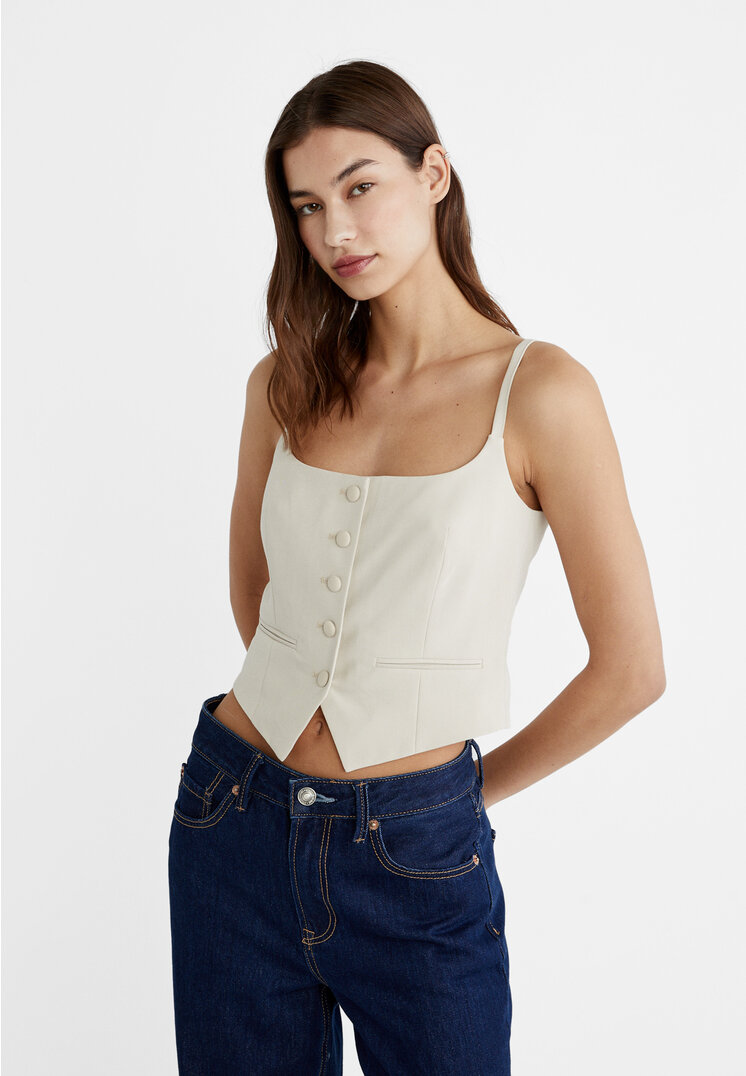 

Stradivarius Elegancki top z guzikami Ecru M
