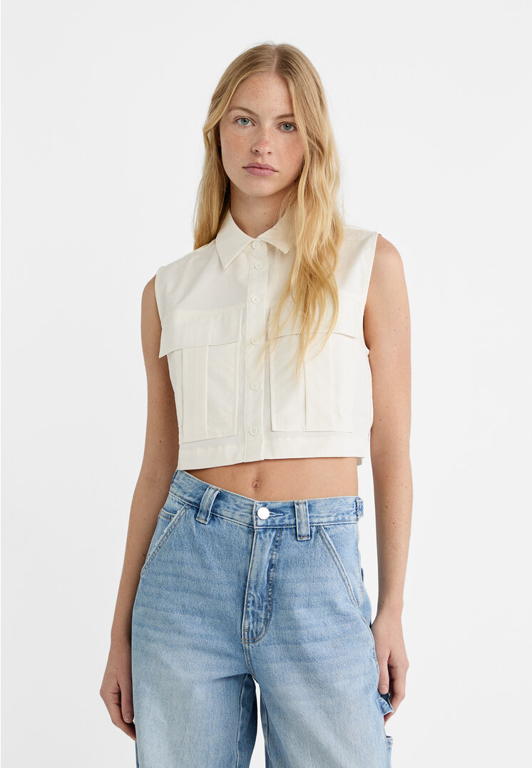 Stradivarius Hemd ärmelloses Taschen Ecru XS