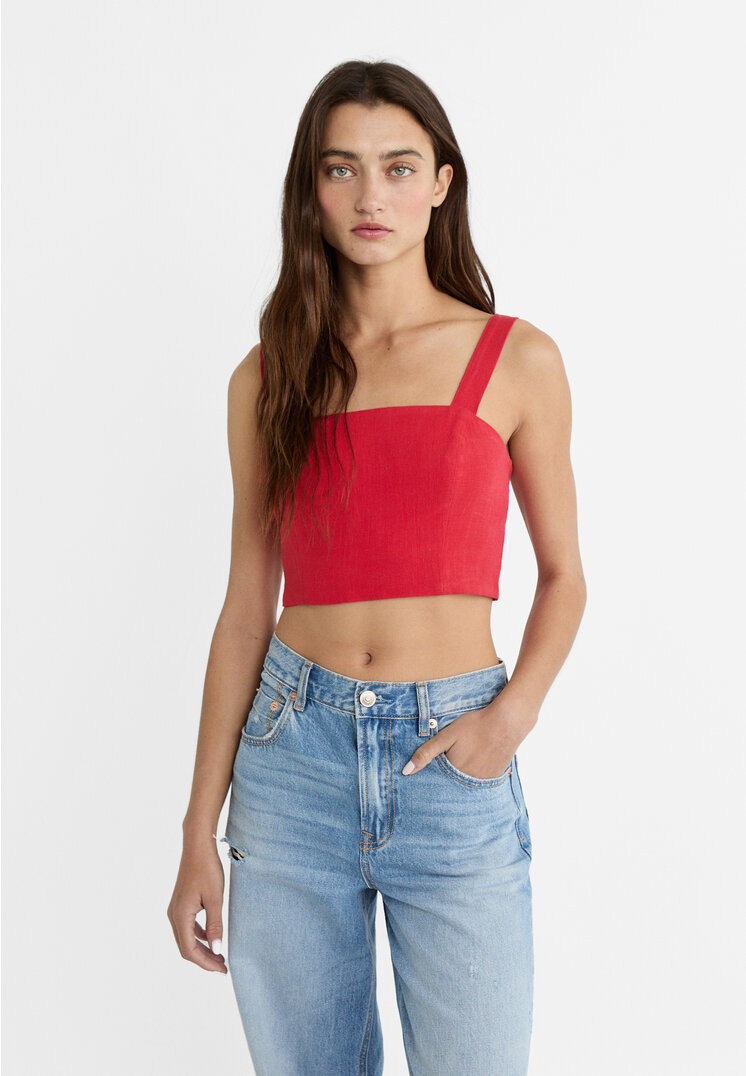 

Stradivarius Krótki top z mieszanki lnu Czerwony XS