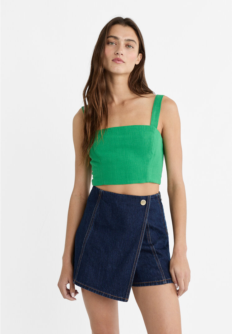 

Stradivarius Top kurz mit Leinenanteil Grün XS