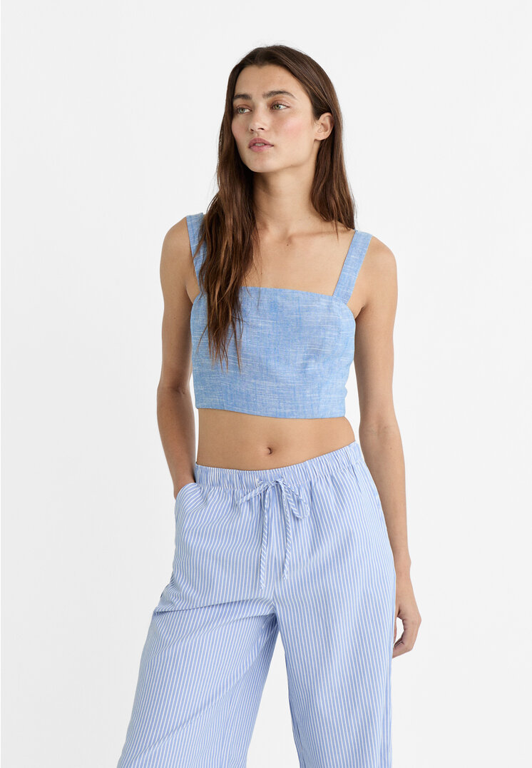 

Stradivarius Top kurz mit Leinenanteil Indigo XL