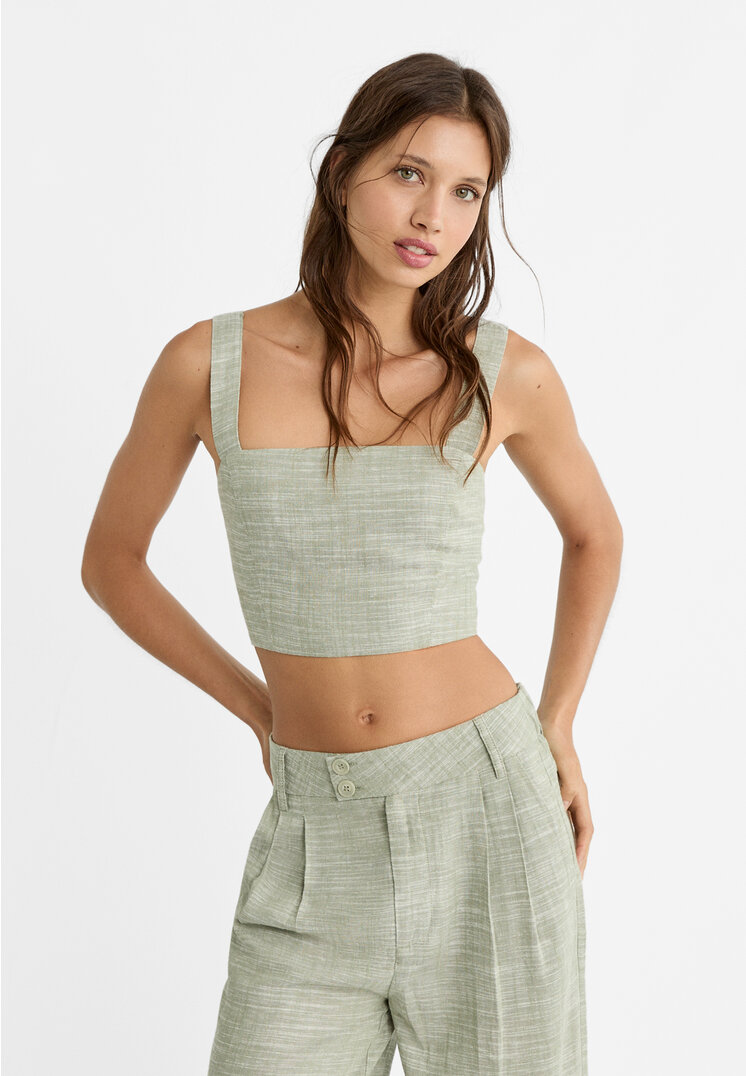

Stradivarius Top kurz mit Leinenanteil Khaki XL