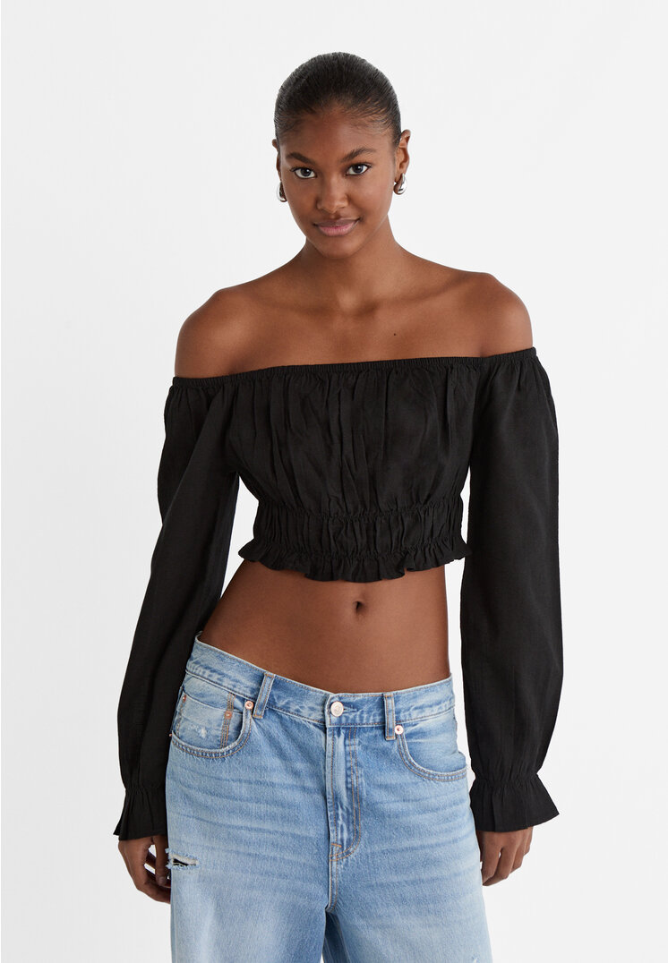 

Stradivarius Bluse schulterfrei Gummizüge Schwarz XS