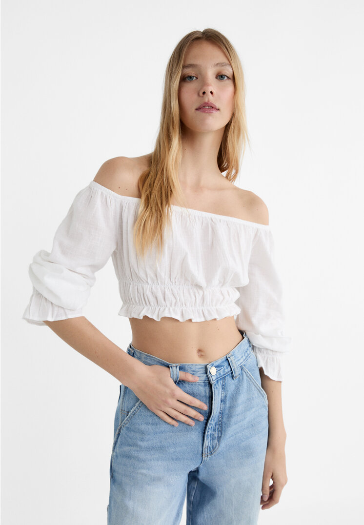 stradivarius off-shoulder white blouse with elasticated shoulders m_blouse