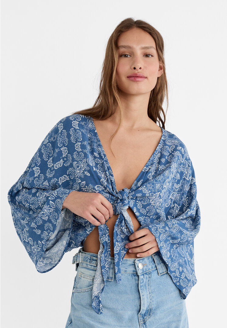 

Stradivarius Bluse fließend Knoten Himmelblau XL