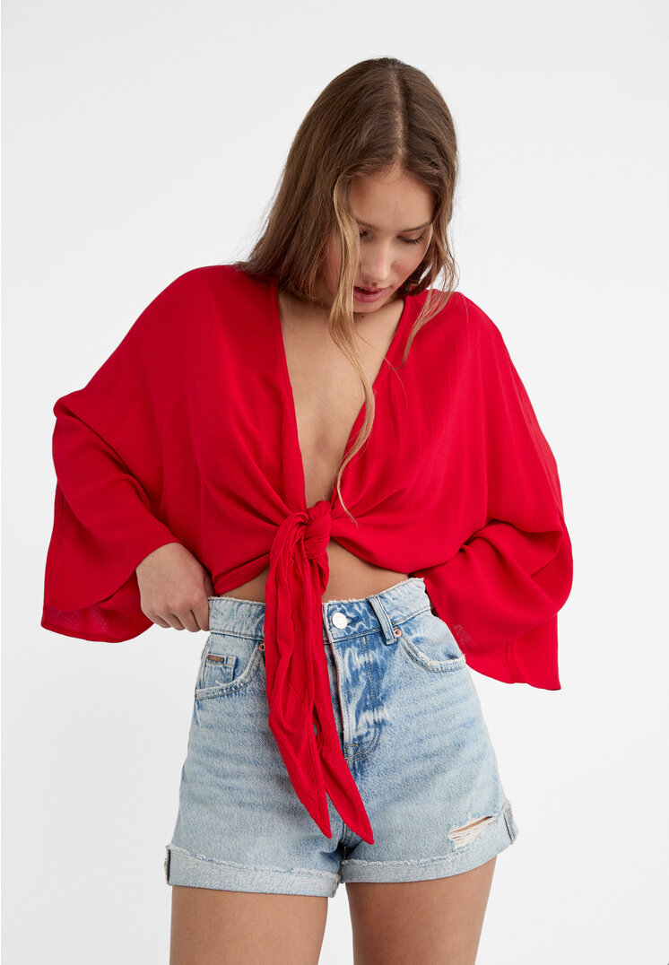 

Stradivarius Bluse fließend Knoten Rot XXS