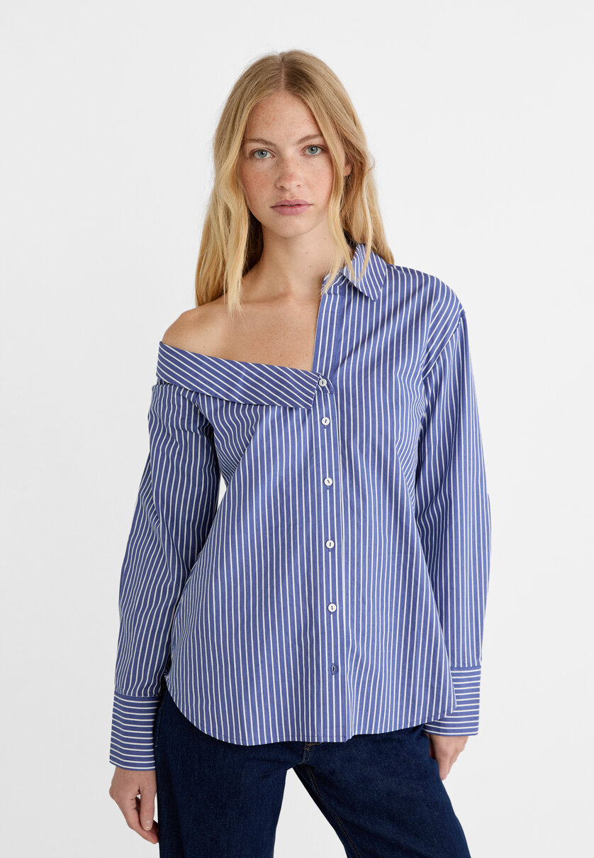 Striped poplin asymmetric shirt