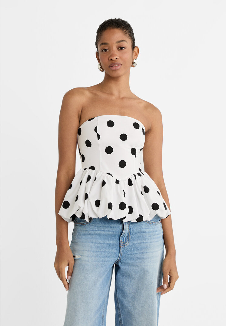 Polka dot poplin balloon top - Women's fashion | Stradivarius Canada