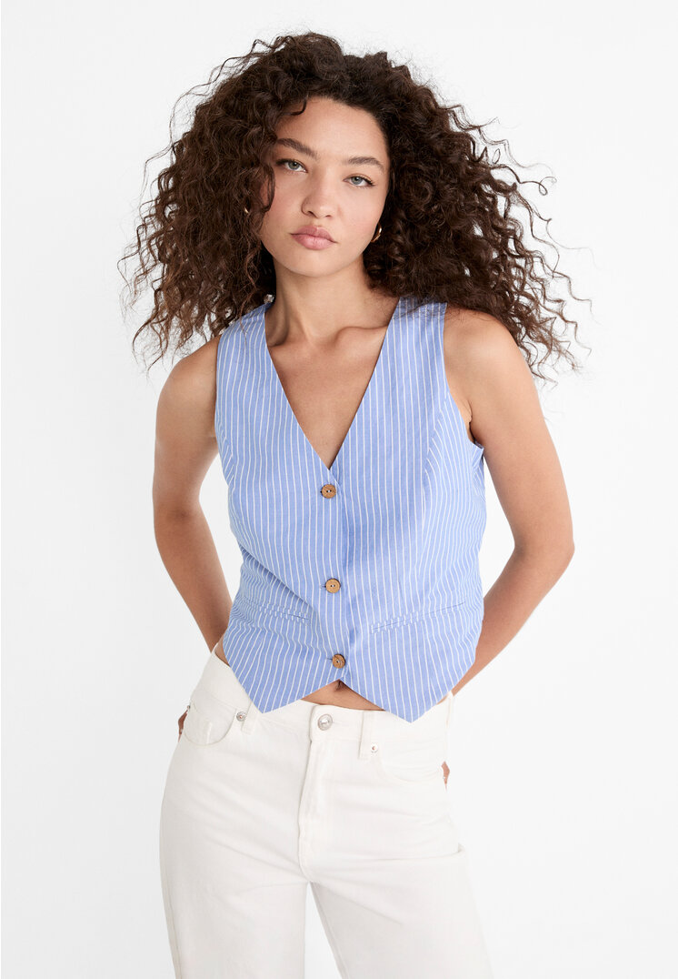 

Stradivarius Gestreifte Weste mit Knöpfen Himmelblau XS
