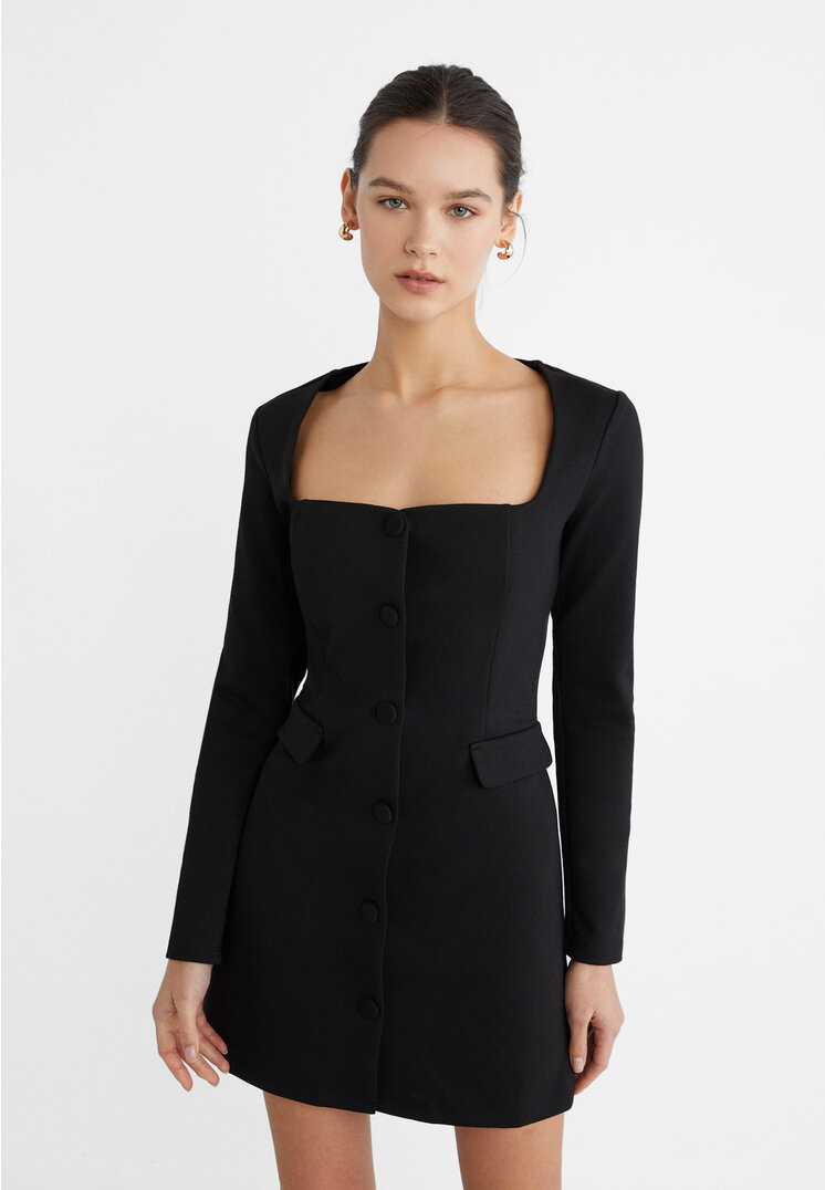 Stradivarius Kurzes Kleid mit Knöpfen Schwarz XL