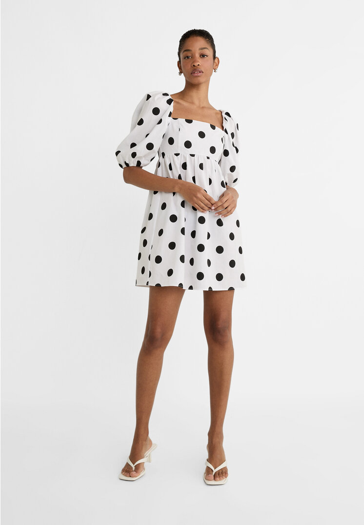 Stradivarius Short polka dot dress with puff sleeves  White XS