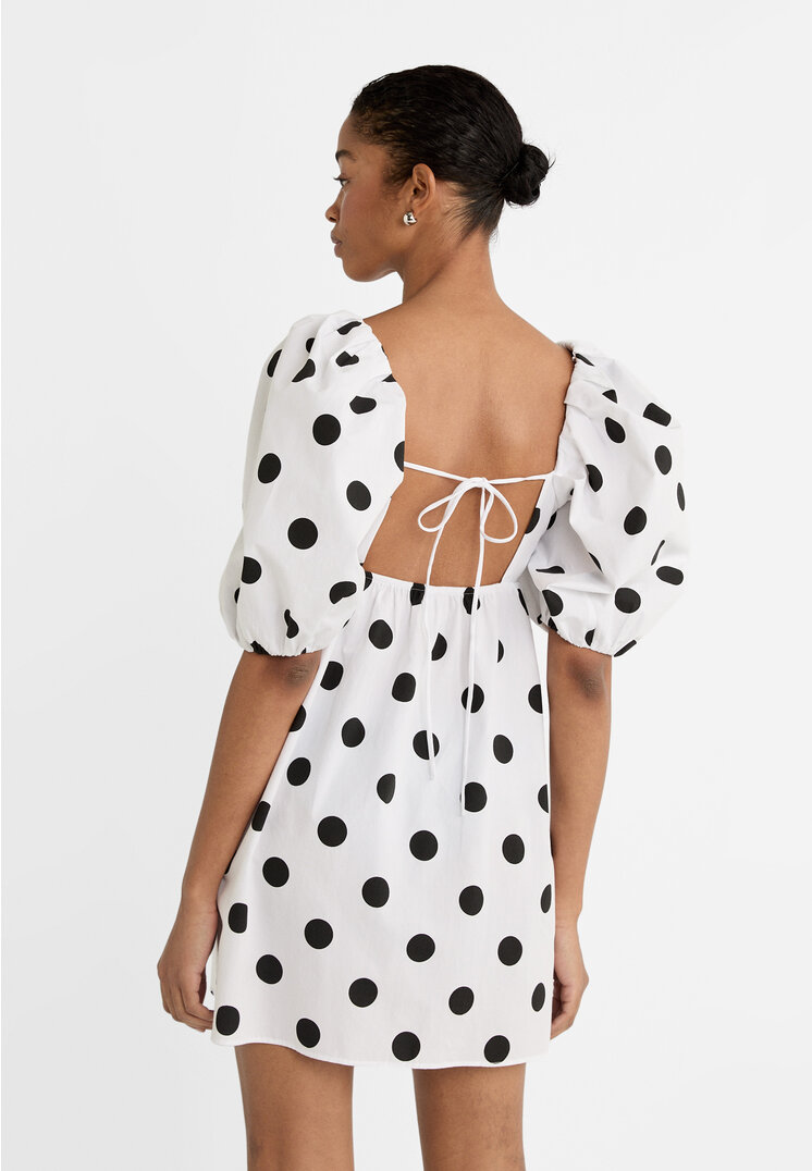 Stradivarius Short polka dot dress with puff sleeves  White XS