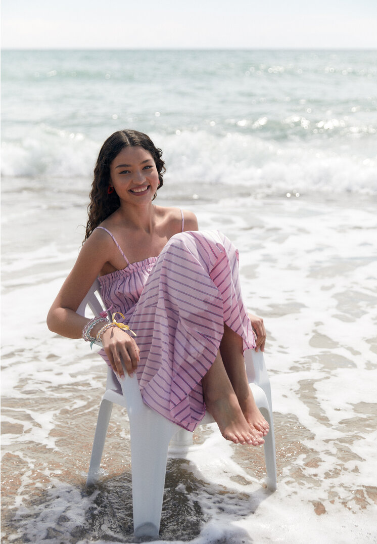 Stradivarius Flowing striped strappy midi dress  Pastel pink M