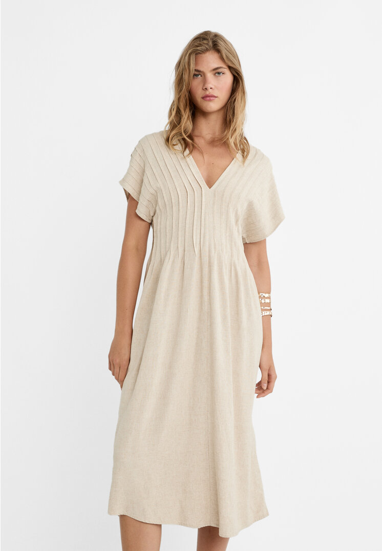 

Stradivarius Drapiertes Midikleid mit Leinen Steingrau XL