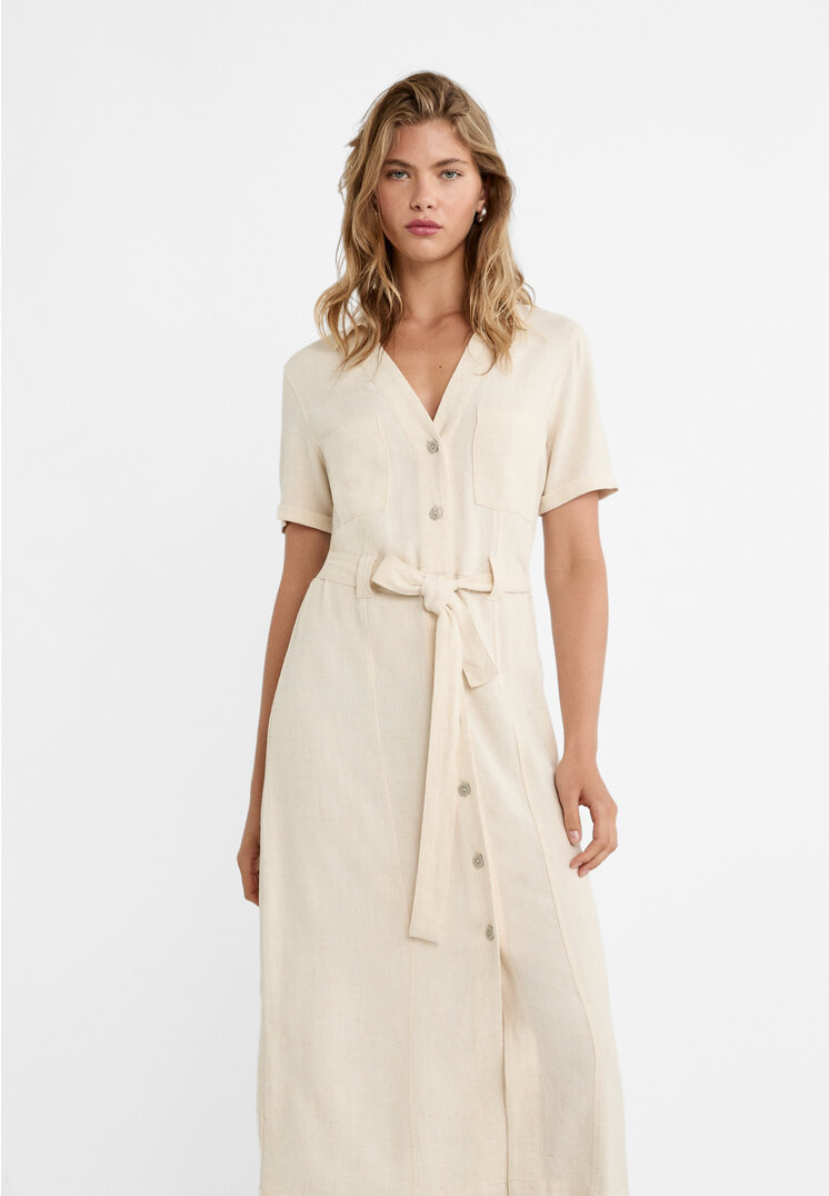 

Stradivarius Midi-Hemdkleid mit Leinenanteil Steingrau XL