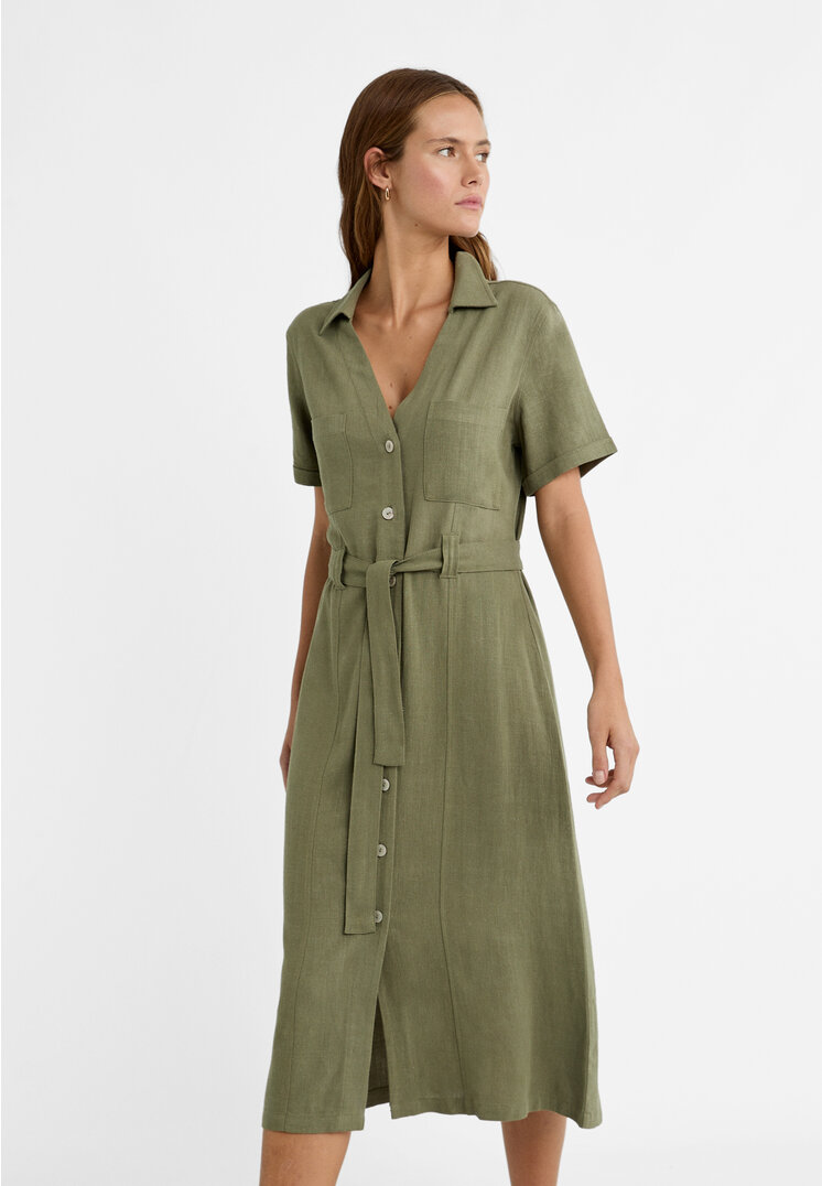 Stradivarius Midi-Hemdkleid mit Leinenanteil Khaki S