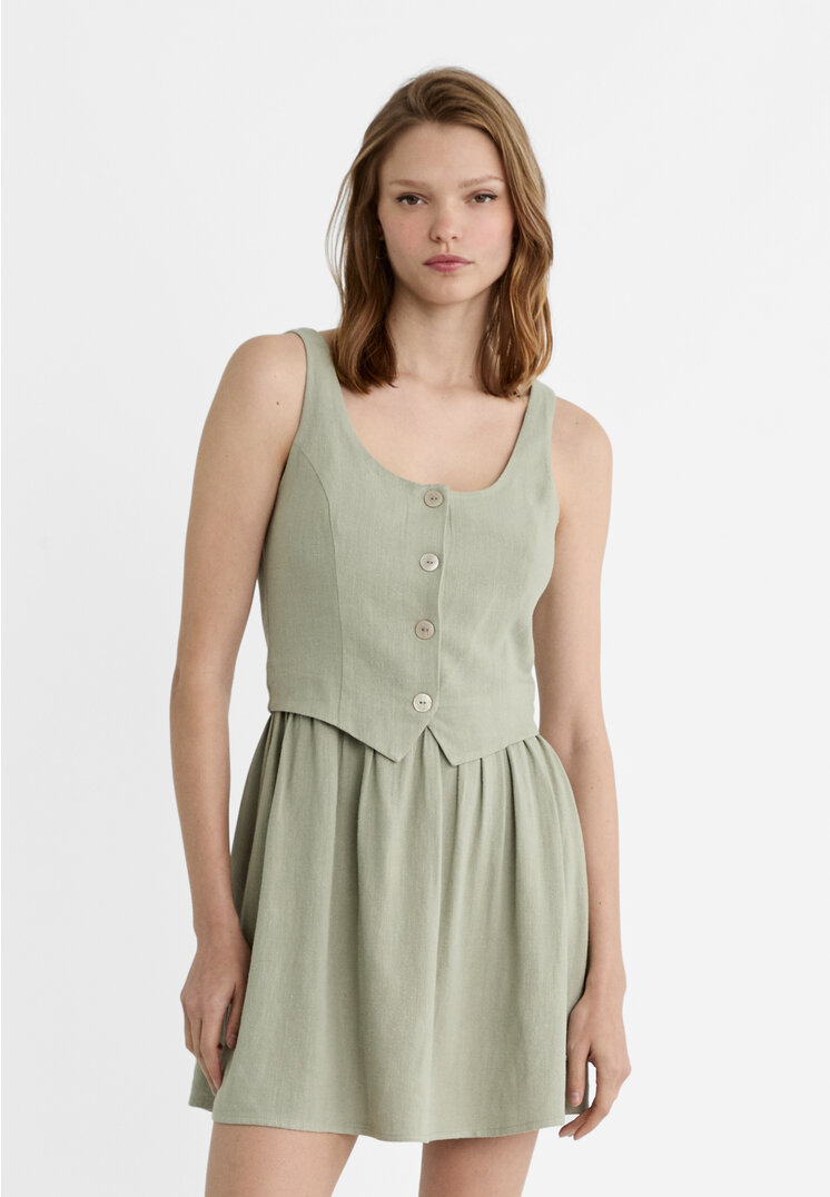 

Stradivarius Kurzes, fließendes Kleid mit Weste und Leinenanteil Khaki L
