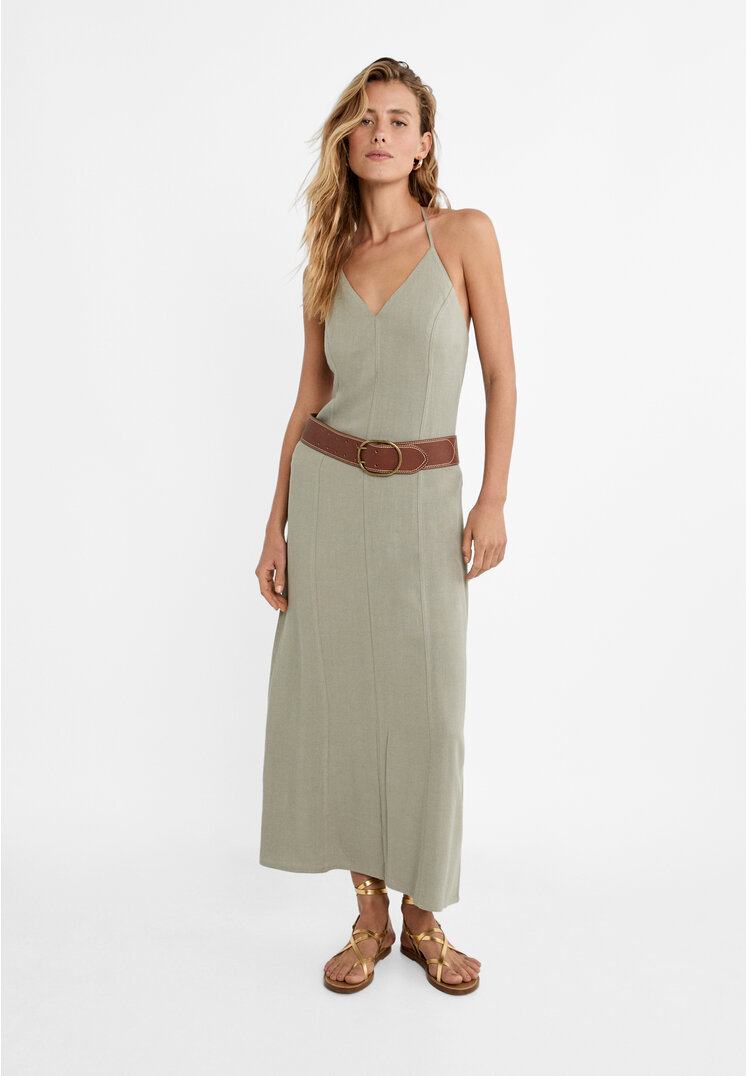 

Stradivarius Neckholder-Midikleid mit Leinen Khaki M