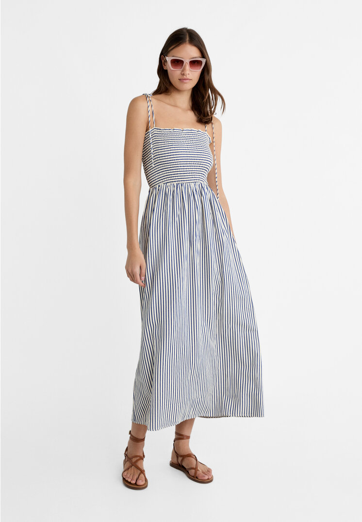 Stradivarius Kleid fließend lange Schleifen Mittelblau XL